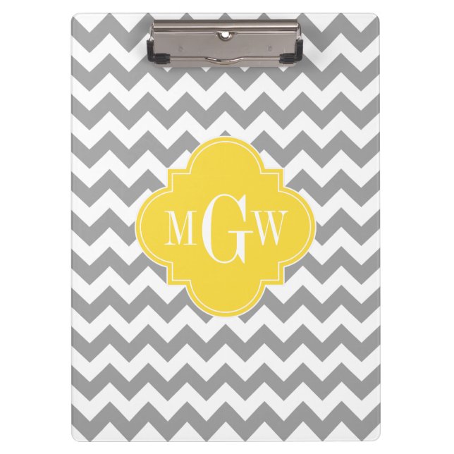 Gray Wht Chevron Pineapple Quatrefoil 3 Monogram Clipboard (Front)