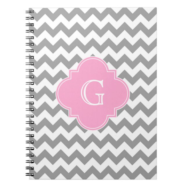 Gray Wht Chevron Pink Quatrefoil Monogram Notebook (Front)