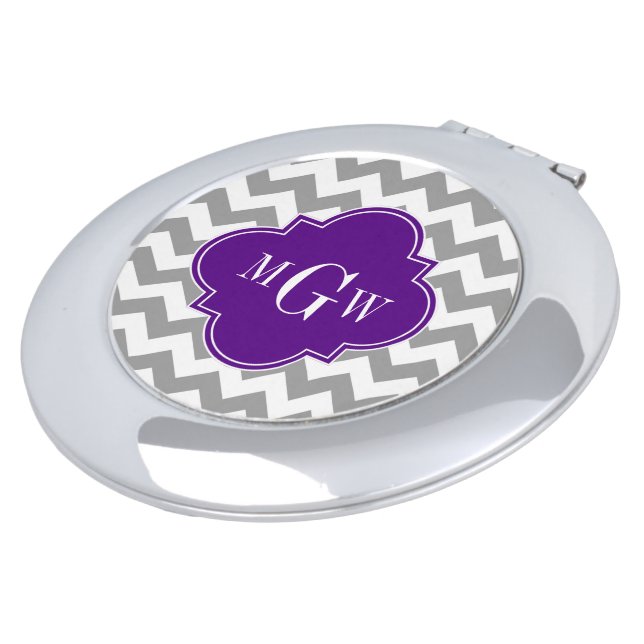Gray Wht Chevron Purple Quatrefoil 3 Monogram Compact Mirror (Turned)