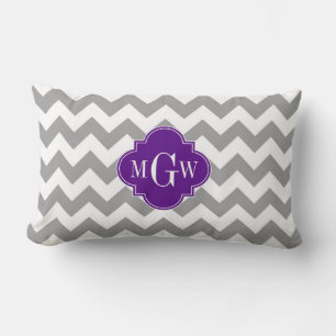Gray Wht Chevron Purple Quatrefoil 3 Monogram Lumbar Pillow