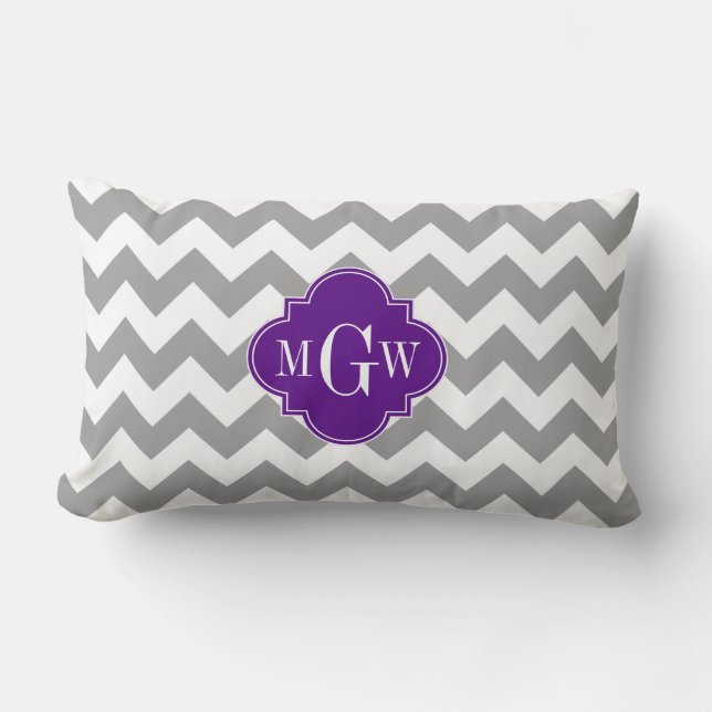 Gray Wht Chevron Purple Quatrefoil 3 Monogram Lumbar Pillow (Front)