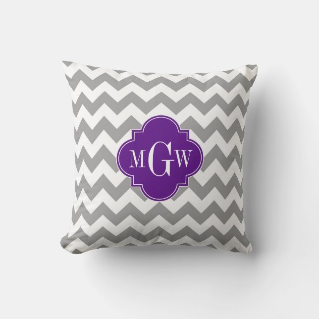 Gray Wht Chevron Purple Quatrefoil 3 Monogram Throw Pillow (Front)