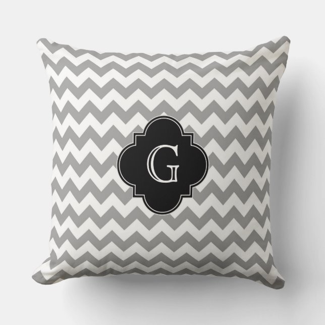 Gray Wht Chevron ZigZag Black Quatrefoil Monogram Throw Pillow (Front)
