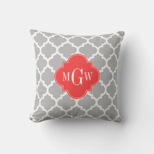 Gray Wht Moroccan #5 Coral Red 3 Initial Monogram Throw Pillow