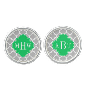 Gray Wht Moroccan #5 Emerald 3 Initial Monogram Cufflinks