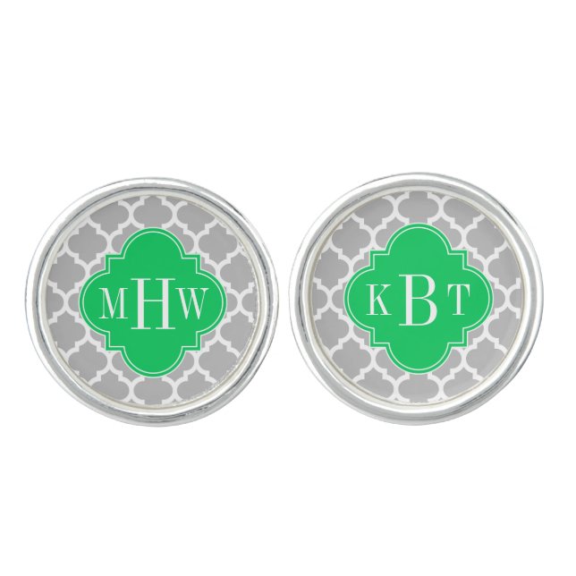 Gray Wht Moroccan #5 Emerald 3 Initial Monogram Cufflinks (Front)
