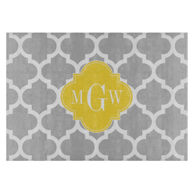 Gray Wht Moroccan #5 Pineapple 3 Initial Monogram Cutting Board (Front)