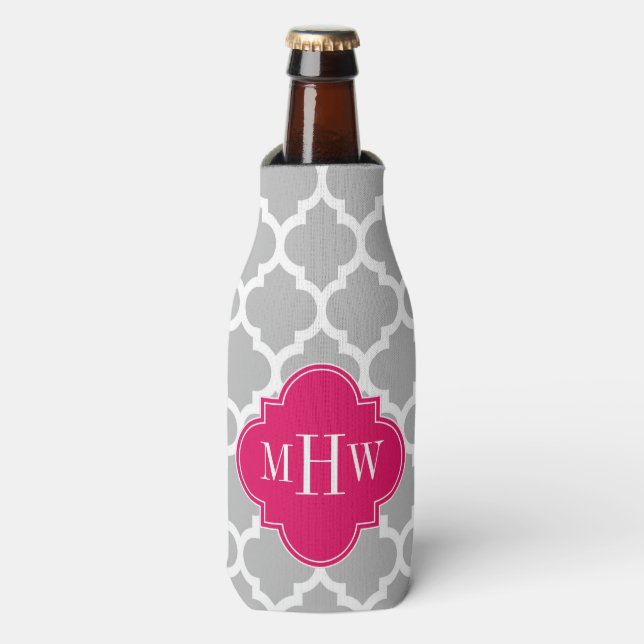 Gray Wht Moroccan #5 Raspberry 3 Initial Monogram Bottle Cooler (Bottle Front)