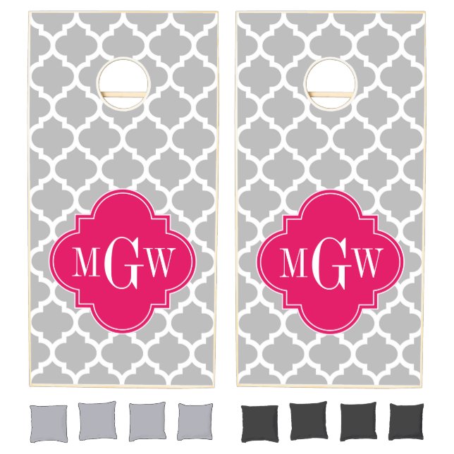 Gray Wht Moroccan #5 Raspberry 3 Initial Monogram Cornhole Set (Set)