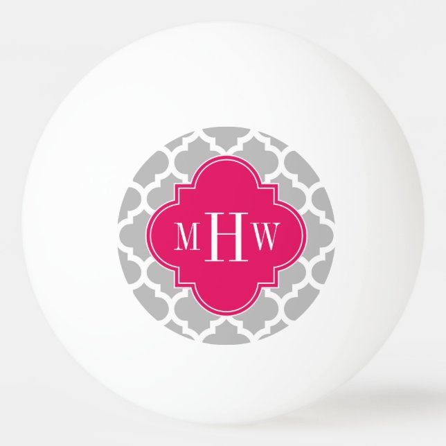 Gray Wht Moroccan #5 Raspberry 3 Initial Monogram Ping-Pong Ball (Front)