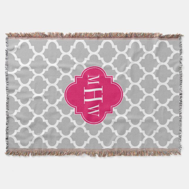 Gray Wht Moroccan #5 Raspberry 3 Initial Monogram Throw Blanket (Front)
