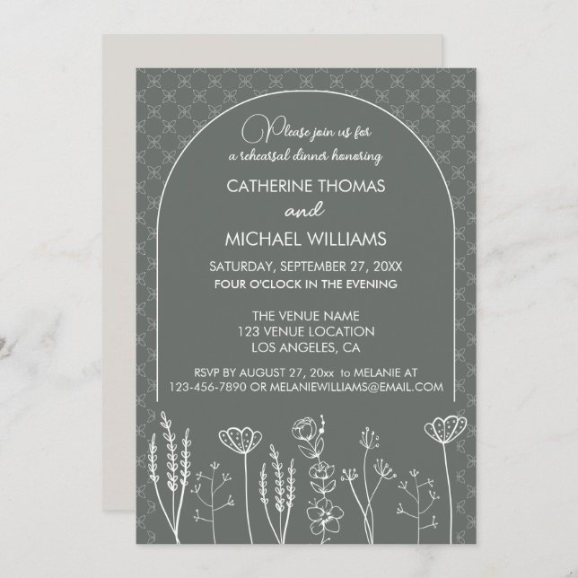 Gray Wildflower Bohemian Arch Wedding Invitation (Front/Back)