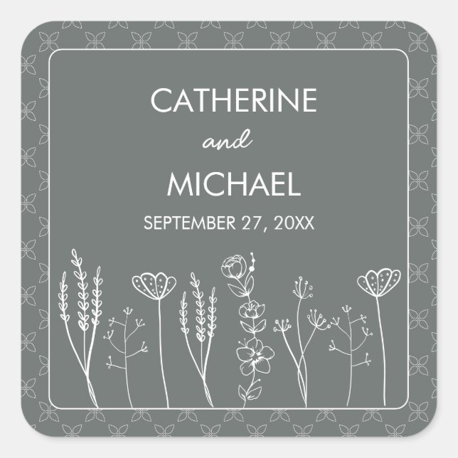 Gray Wildflower Bohemian Wedding Square Sticker (Front)