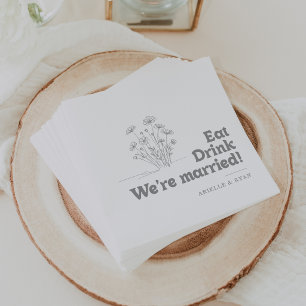 Gray Wildflower Eat Drink We're Married Wedding Napkins