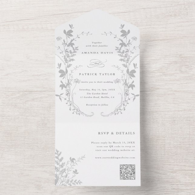 Gray Wildflower Silhouette Wreath Wedding All In One Invitation (Inside)