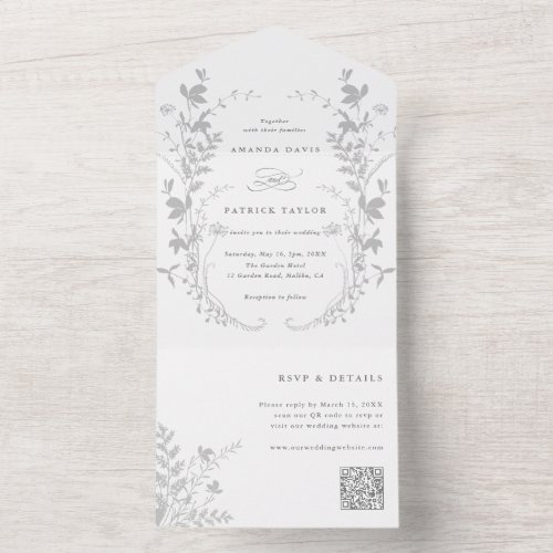 Gray Wildflower Silhouette Wreath Wedding All In One Invitation