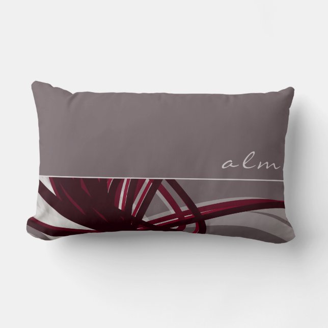 Gray & Wine Abstract Ribbons | Monogram Lumbar Pillow (Front)