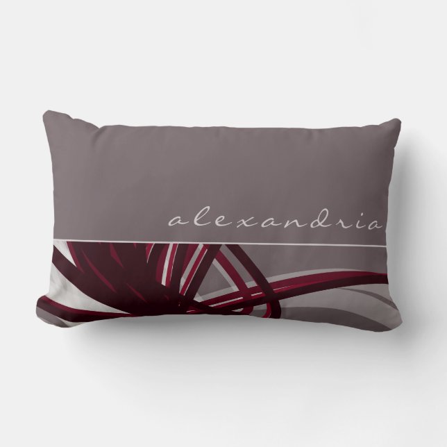 Gray & Wine Abstract Ribbons | Personalized Name Lumbar Pillow (Front)