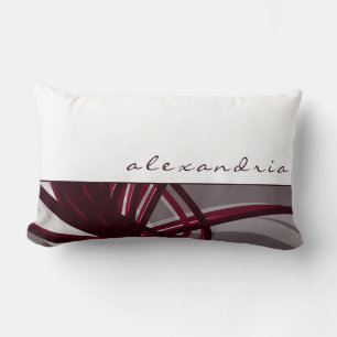 Gray & Wine Abstract Ribbons   White   Custom Name Lumbar Pillow