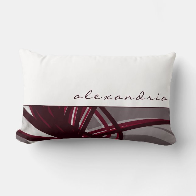 Gray & Wine Abstract Ribbons | White | Custom Name Lumbar Pillow (Front)