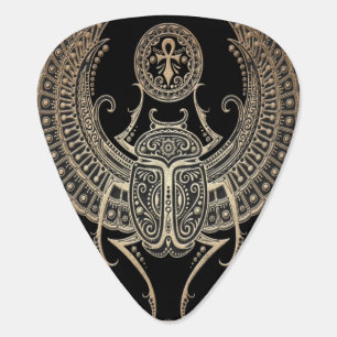 Gray Winged Egyptian Scarab Beetle with Ankh Black Guitar Pick