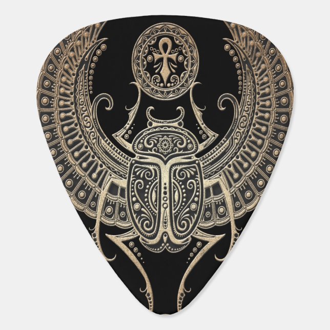 Gray Winged Egyptian Scarab Beetle with Ankh Black Guitar Pick (Back)