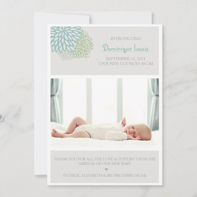 Gray Winter Flowers Photo Birth Announcement (Front)