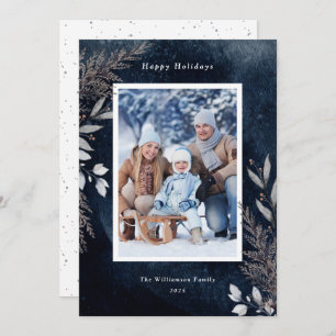 Gray Winter Foliage on Navy Blue Watercolor Photo Holiday Card