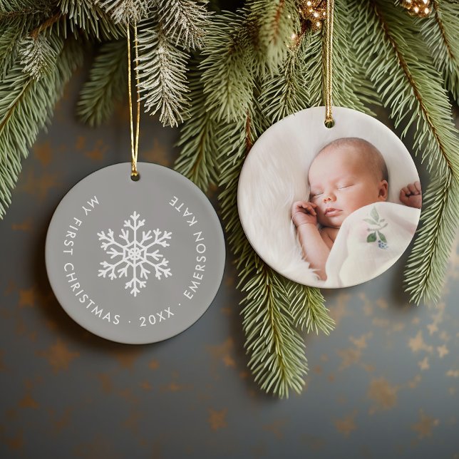 Gray Winter Snowflake First Christmas Keepsake Ceramic Ornament (Creator Uploaded)