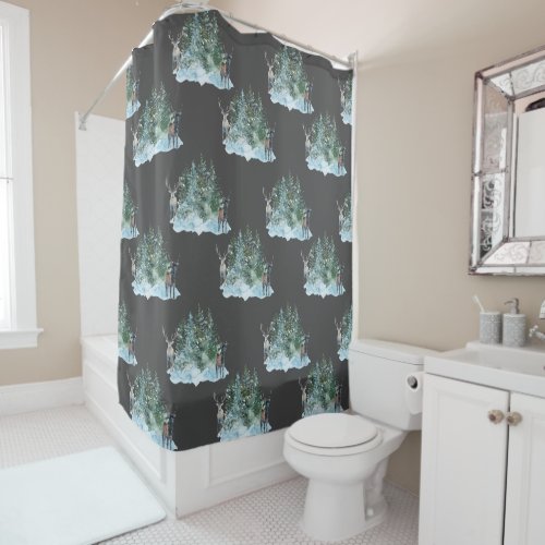 Gray Winter Wonderland Forest Antlers Pine Trees Shower Curtain