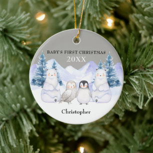 Gray Winter Woodland Animal Baby's First Christmas Ceramic Ornament