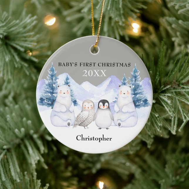 Gray Winter Woodland Animal Baby's First Christmas Ceramic Ornament (Tree)