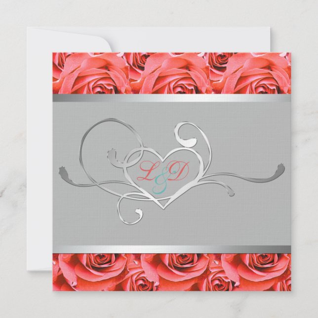 Gray with Coral Pink Roses Monogrammed Invitation (Front)