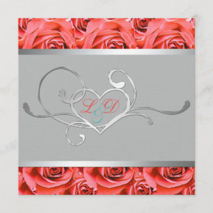Gray with Coral Pink Roses Monogrammed Invitation