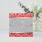Gray with Coral Pink Roses Monogrammed Invitation (Standing Front)