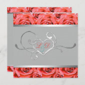 Gray with Coral Pink Roses Monogrammed Invitation (Front/Back)