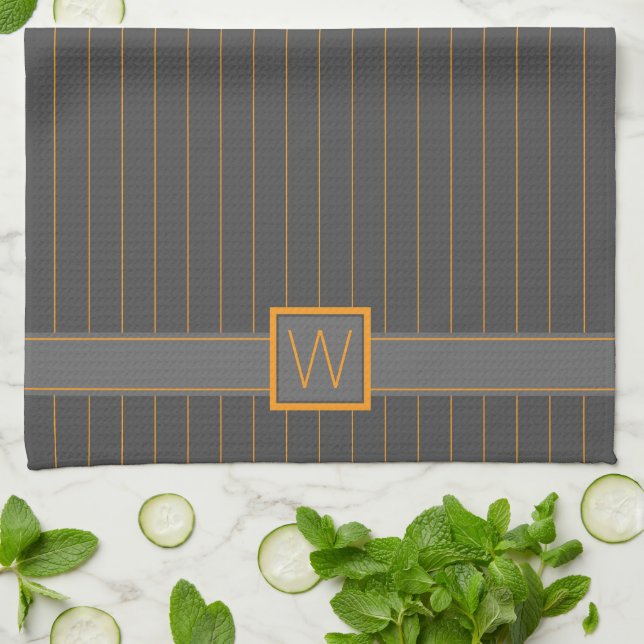 Gray with Orange Pinstripes Kitchen Towel (Folded)