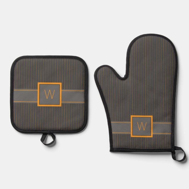 Gray with Orange Pinstripes Oven Mitt & Pot Holder Set (Front)