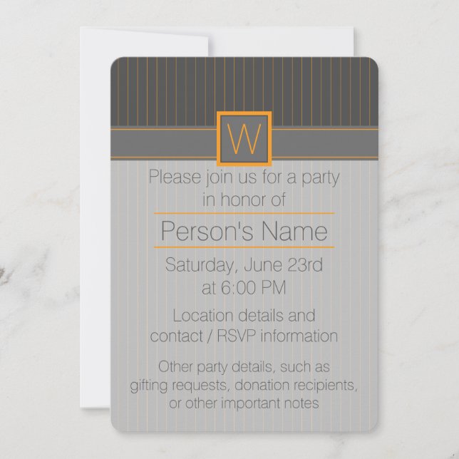 Gray with Orange Pinstripes Party Invitation (Front)