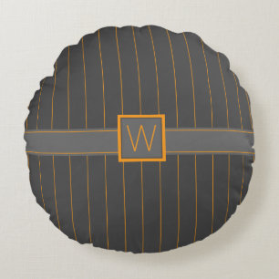 Gray with Orange Pinstripes Round Pillow
