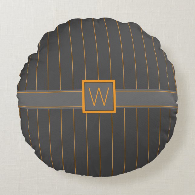 Gray with Orange Pinstripes Round Pillow (Front)