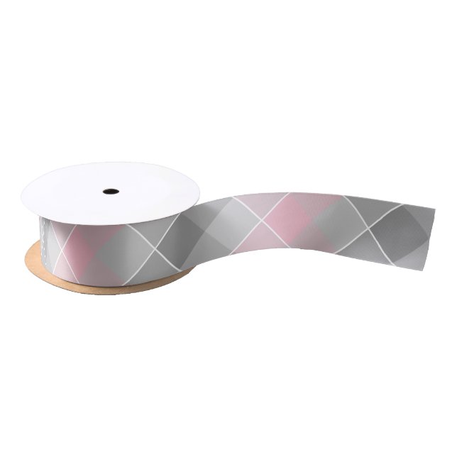 gray with pink diagonal plaid satin ribbon (Spool)
