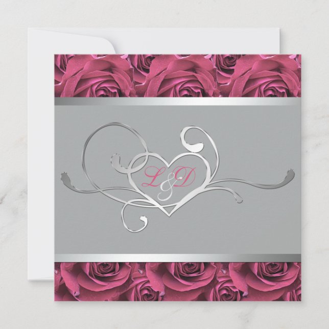 Gray with Pink Roses Monogrammed Invitation (Front)