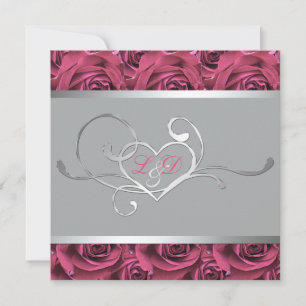 Gray with Pink Roses Monogrammed Invitation