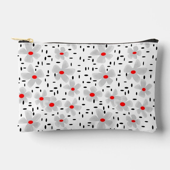 gray with red flowers on white background retro accessory pouch (Front)