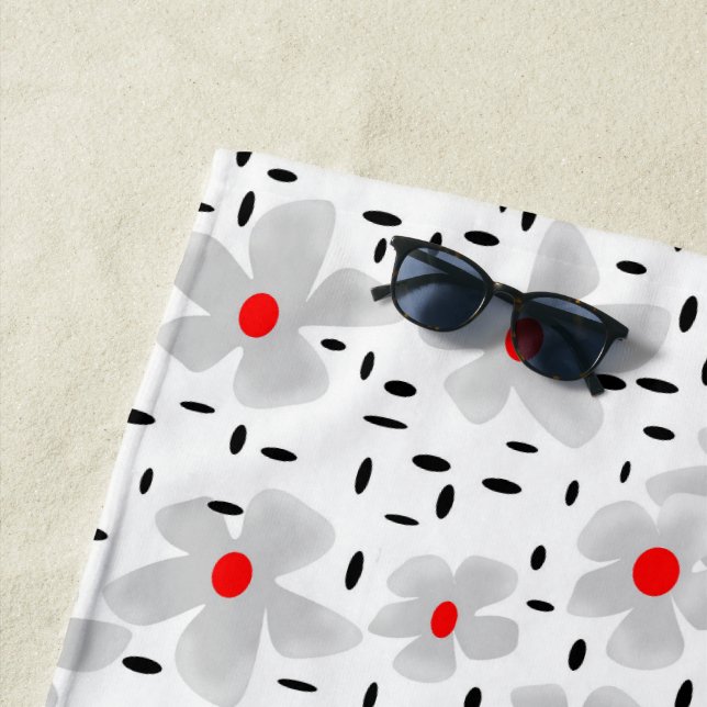 gray with red flowers on white background retro beach towel (In Situ)