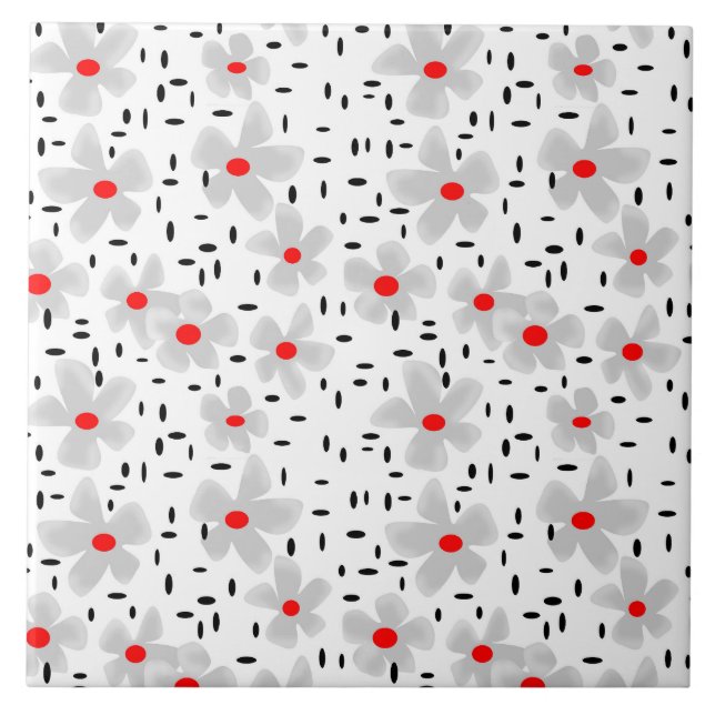 gray with red flowers on white background retro ceramic tile (Front)