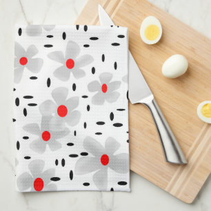 gray with red flowers on white background retro kitchen towel