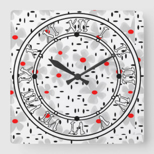 gray with red flowers on white background retro square wall clock