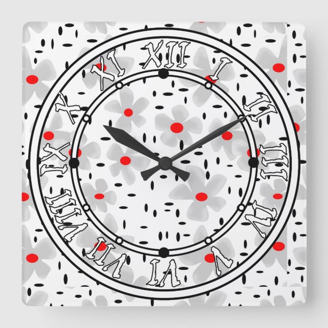gray with red flowers on white background retro square wall clock (Front)